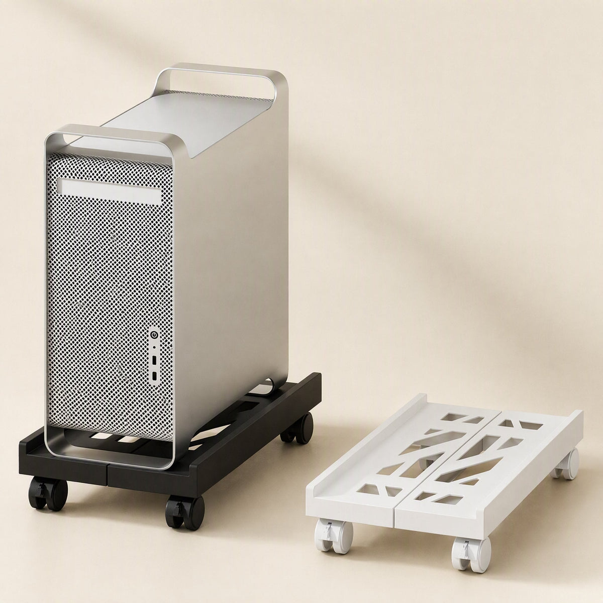 Slidecaddy Retractable Computer Storage Rack in black holding a silver PC tower beside a white version