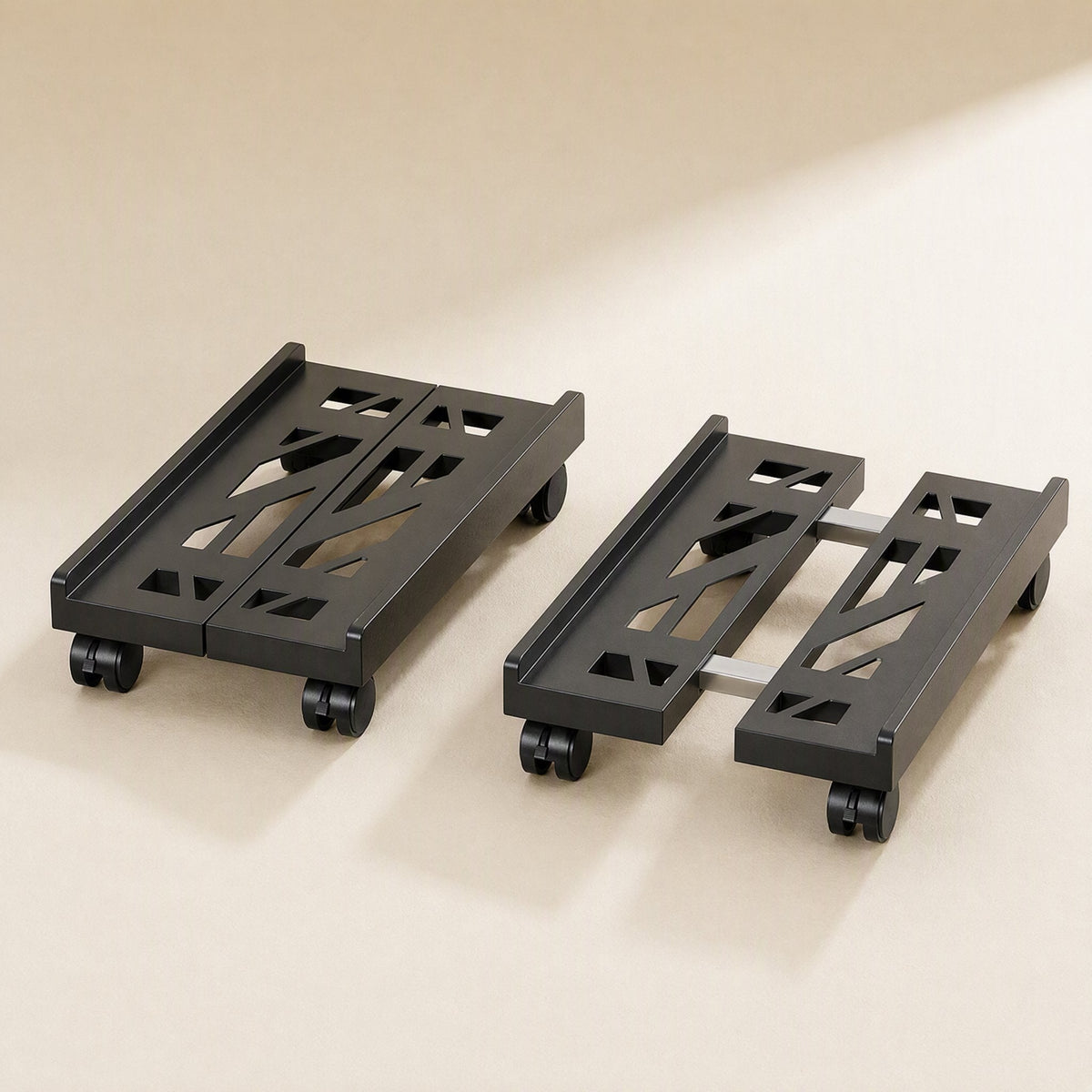 Slidecaddy – Two black racks on a beige surface, one closed and one extended to show the metal slide bars