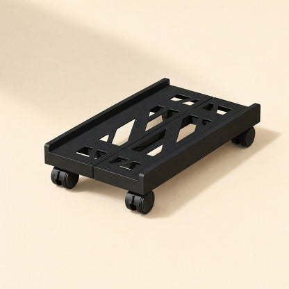 Slidecaddy – Black wheeled base at a slight angle on a cream background, showing its cutout deck and casters