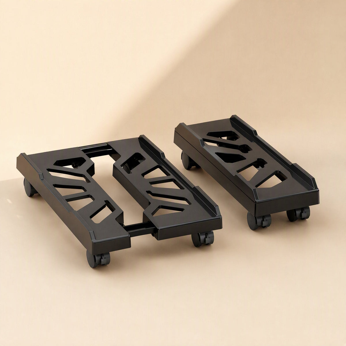 Towerbase Plastic Computer Tower Stand in black, shown as two separate sections with four wheels