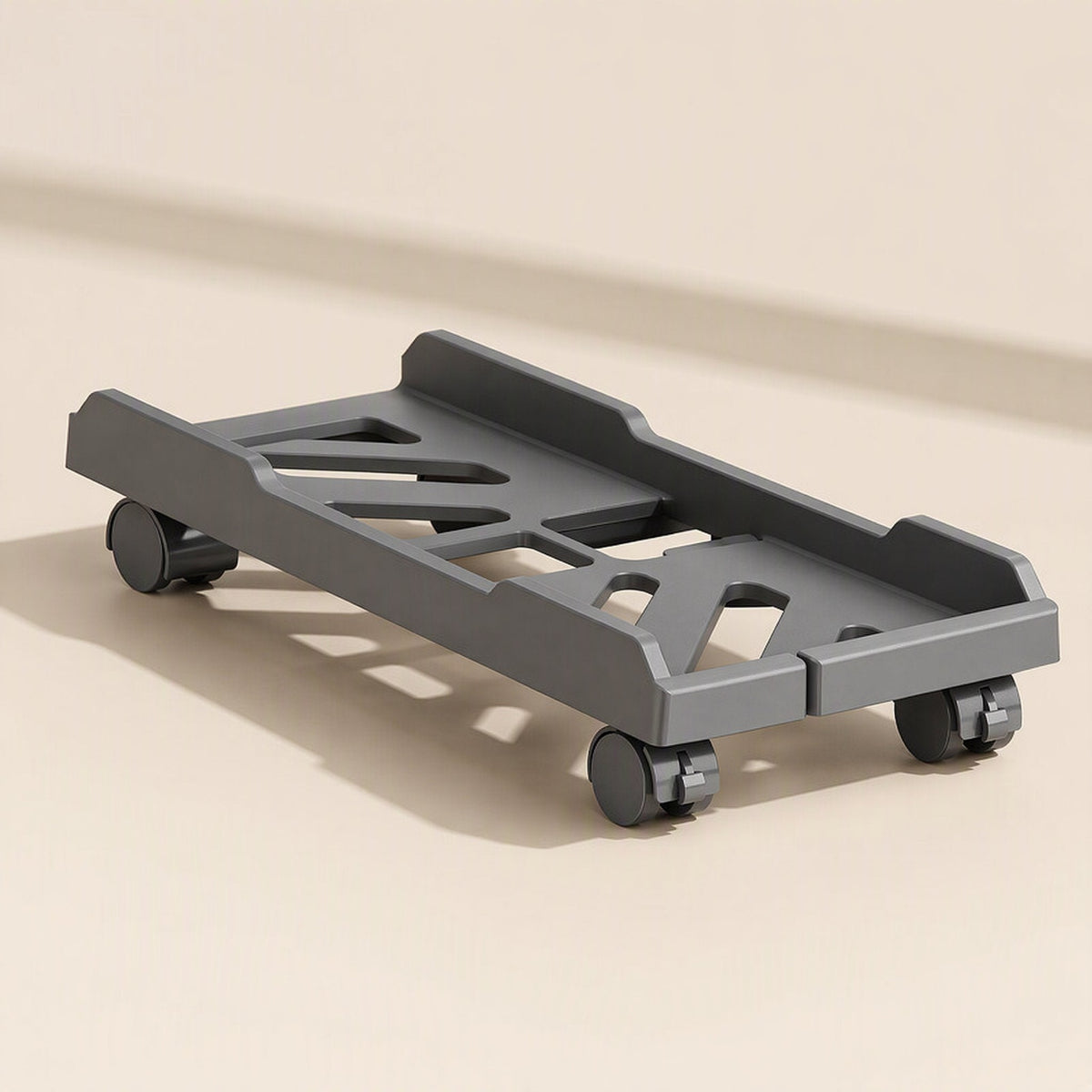 Towerbase – Single-tier plastic stand in grey with four swivel caster wheels, viewed from a low front angle
