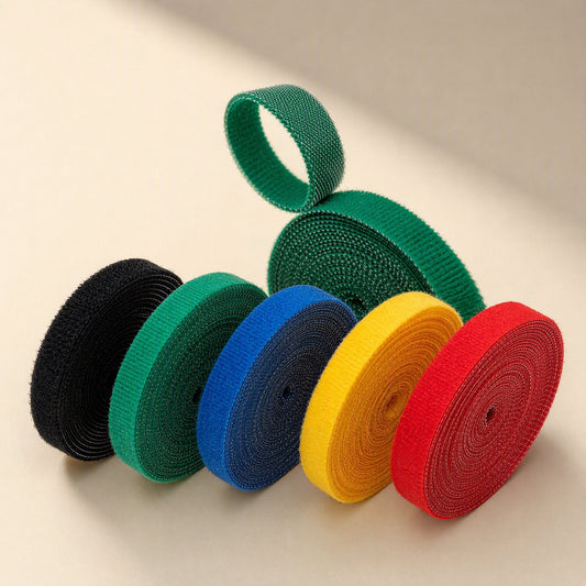 Tieback – Five coiled rolls in black, green, blue, yellow and red with a green strip looped into a ring on top