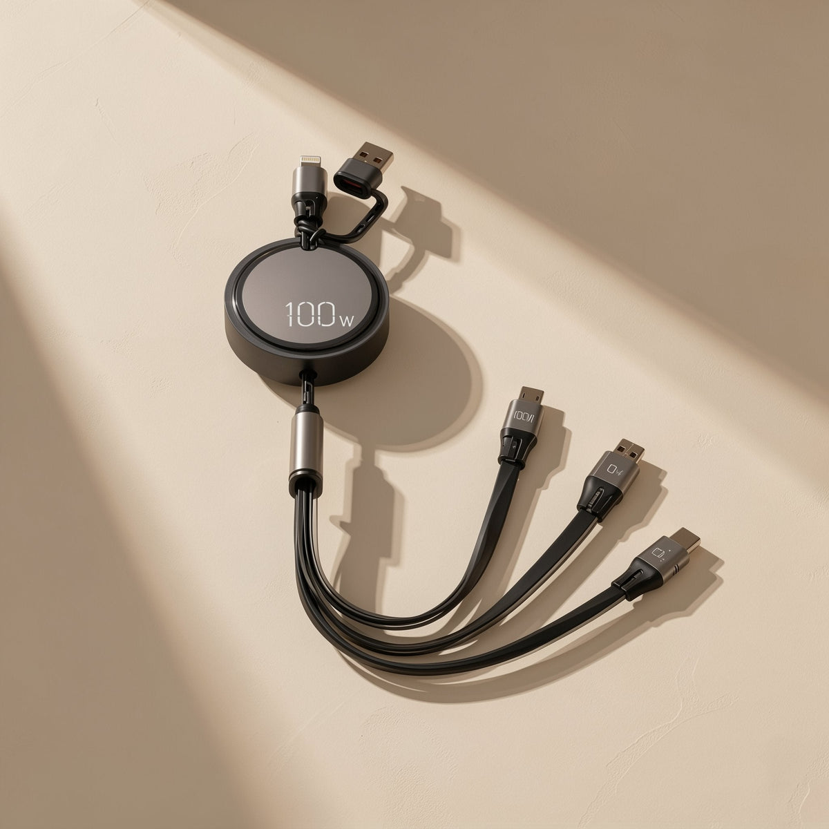 Quickreel Retractable Fast Charging Cable with a round "100w" display and three connector tips on a cream surface