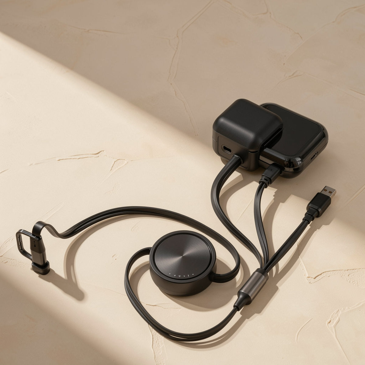 Quickreel – Retractable cable with round black reel connected to two black power adapters, cable looped across a cream