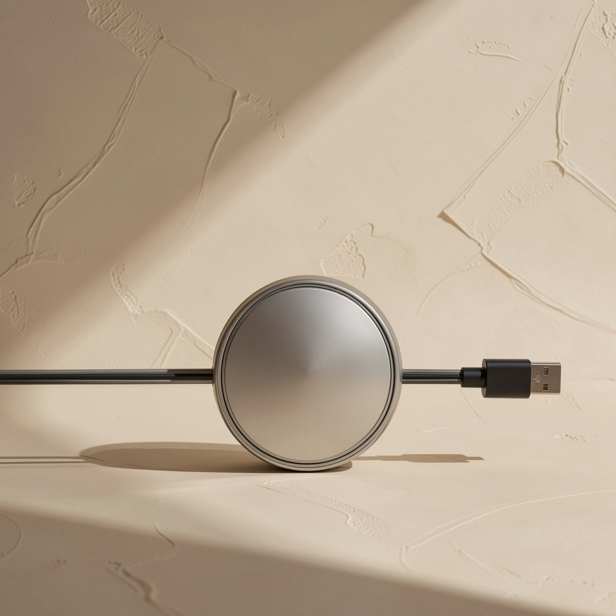 Quickreel – Side view of the round brushed-metal cable reel with a black USB-A plug extending from one side