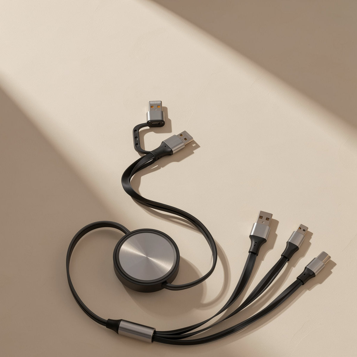 Quickreel – Overhead view of the silver-topped cable reel with flat black cords and USB-A, USB-C and micro tips fanned out