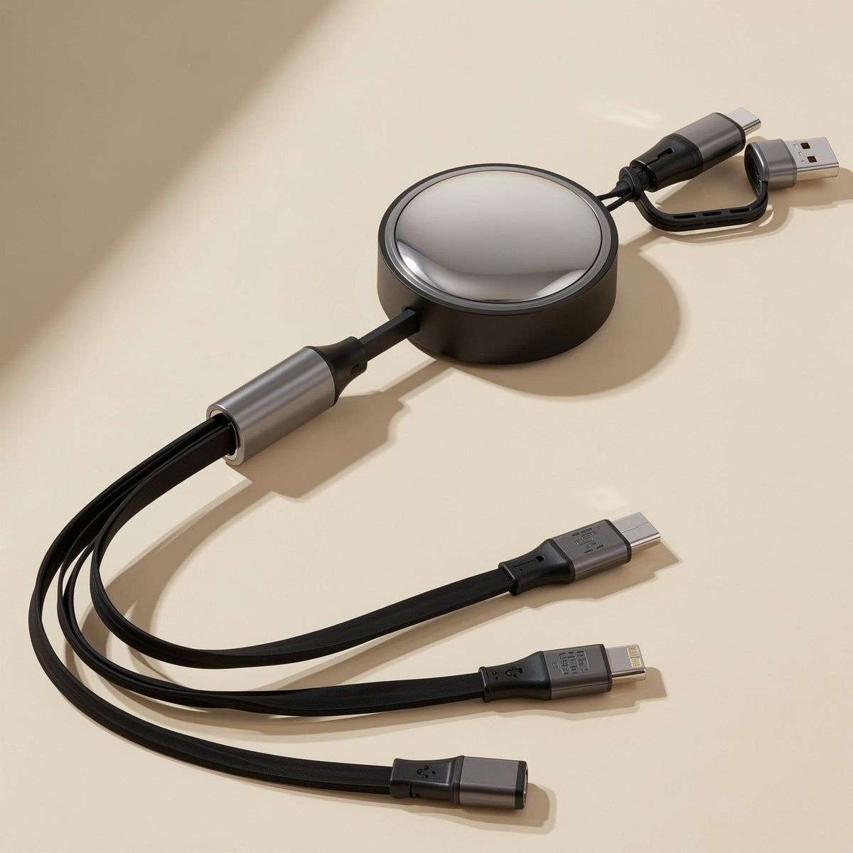 Quickreel – Angled view of the glossy round reel with metal-sleeved cable splitting into three connector tips and a
