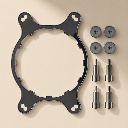 Coolmount AM4 AM5 Water Cooler Bracket in black steel with four standoffs and four thumbscrews on a beige surface