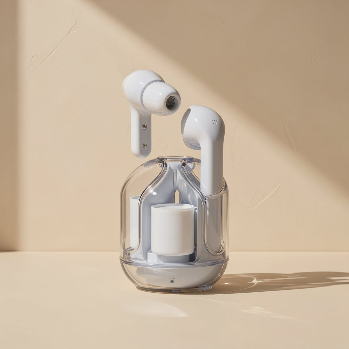 Glowbud Bluetooth earbuds, one lifted above a clear dome-shaped charging case on a beige surface