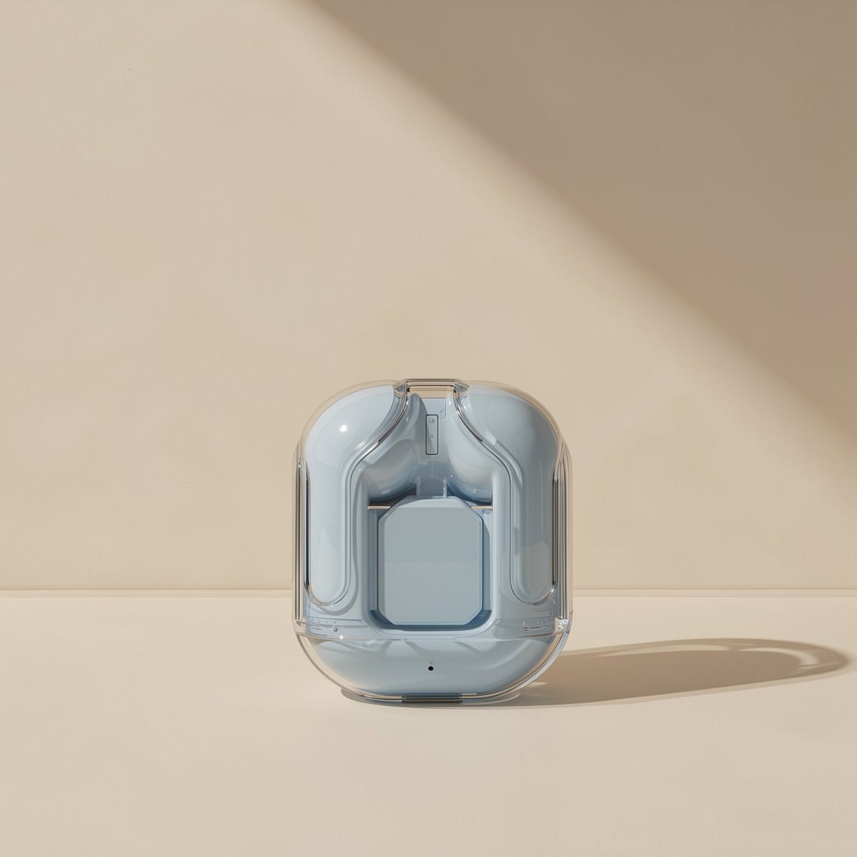 Glowbud – Front view of a light blue translucent charging case with a square tray inside, in soft sunlight