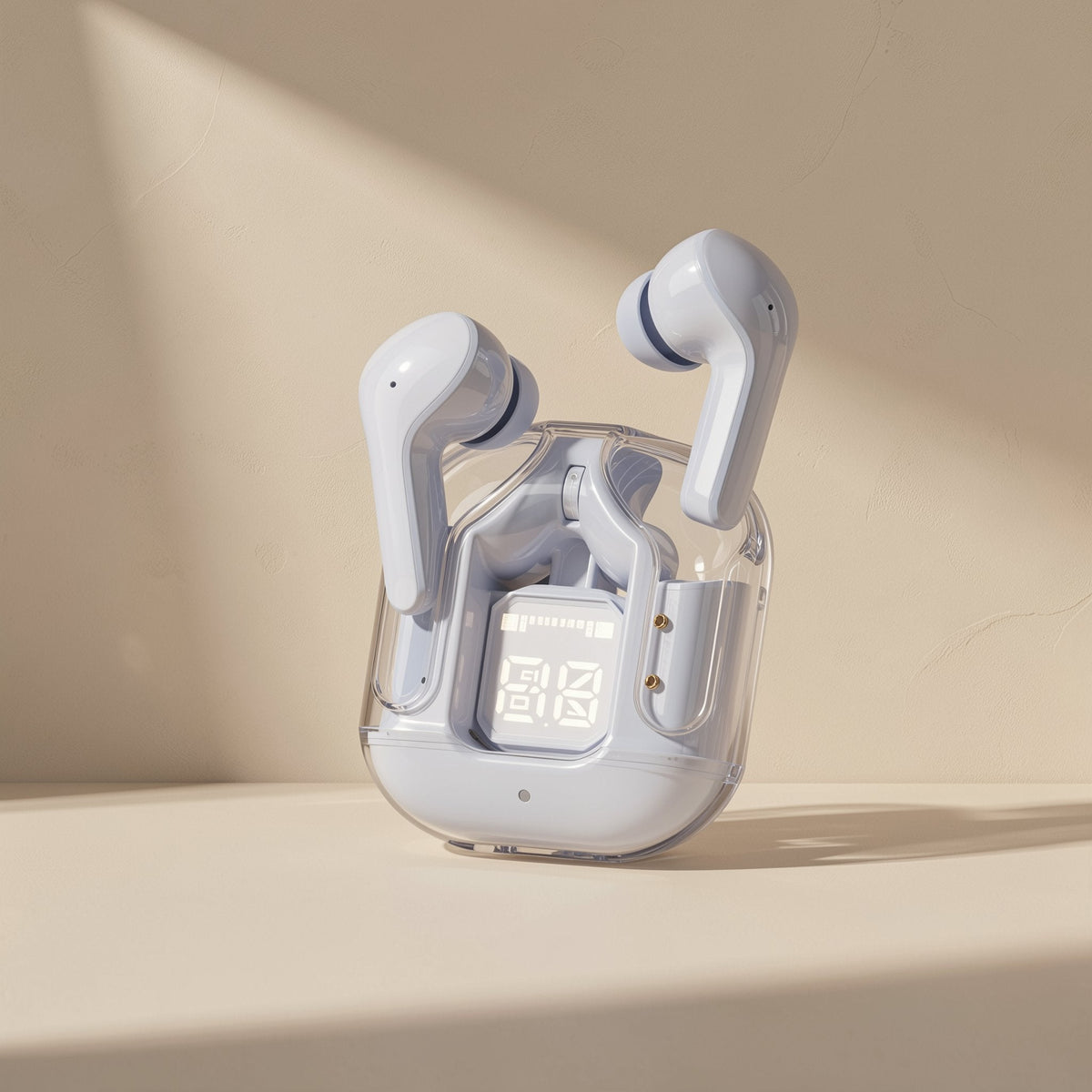 Glowbud – White earbuds resting in the clear case, with a lit digital display showing the battery level