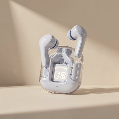 Glowbud – White earbuds resting in the clear case, with a lit digital display showing the battery level
