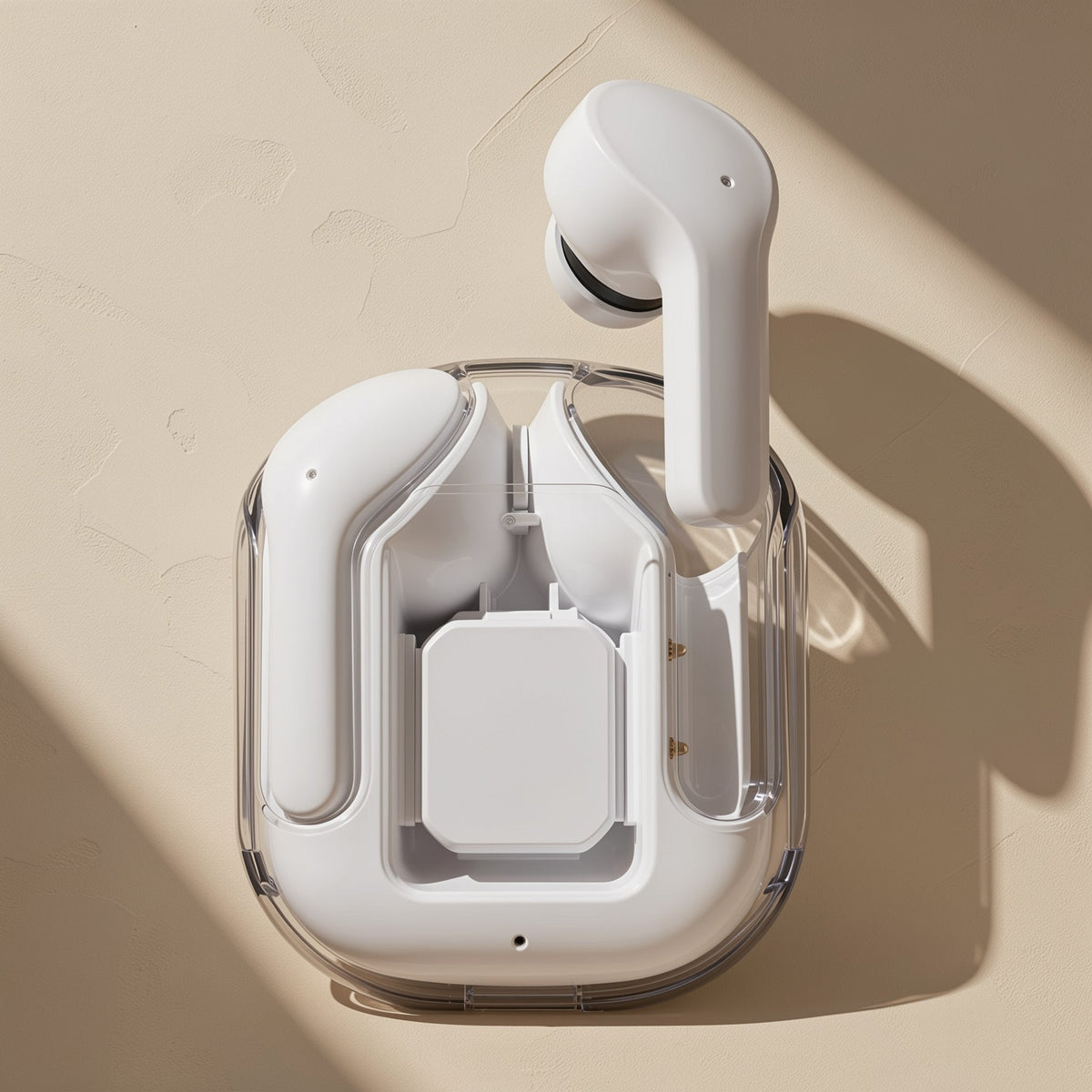 Glowbud – Top-down view of the white case with one earbud raised and the other seated in its slot