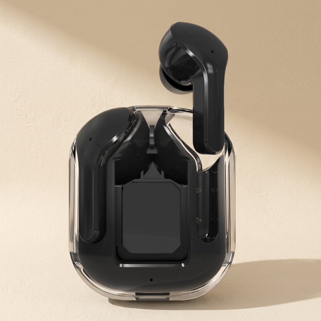 Glowbud – Black earbuds in a clear-sided case, one earbud lifted out, against a plain cream backdrop