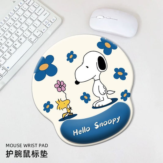 Woofrest – Mouse pad with Hello Snoopy and Woodstock among blue flowers on cream, blue wrist rest, next to a white mouse