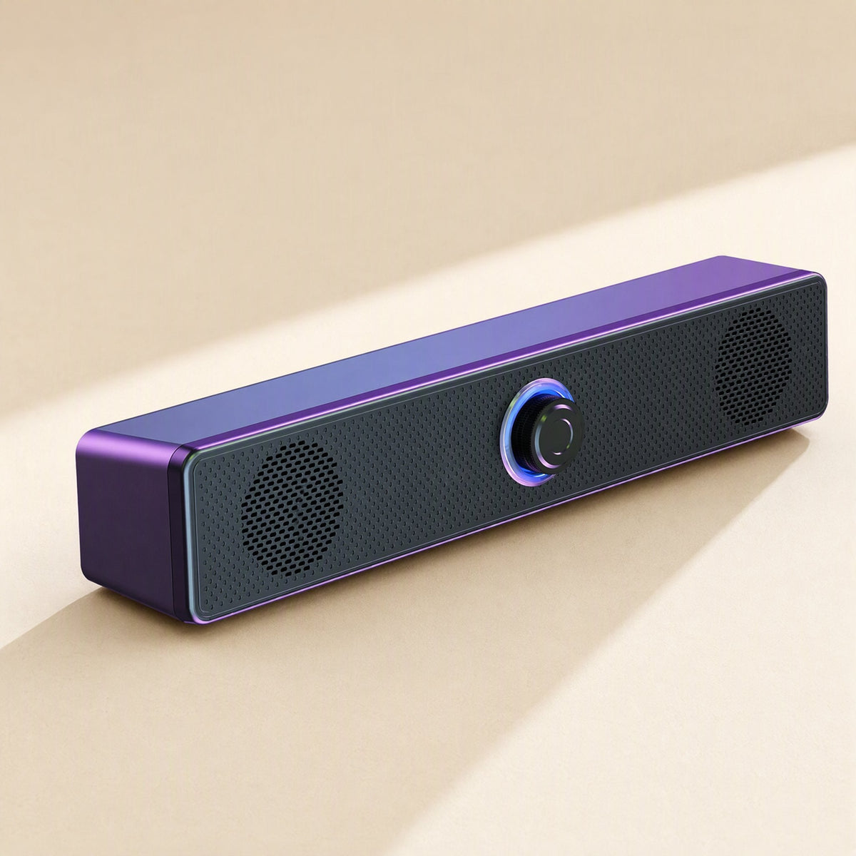 Wiretune Wired USB Bluetooth Speaker in purple, angled view of the soundbar with glowing blue ring knob