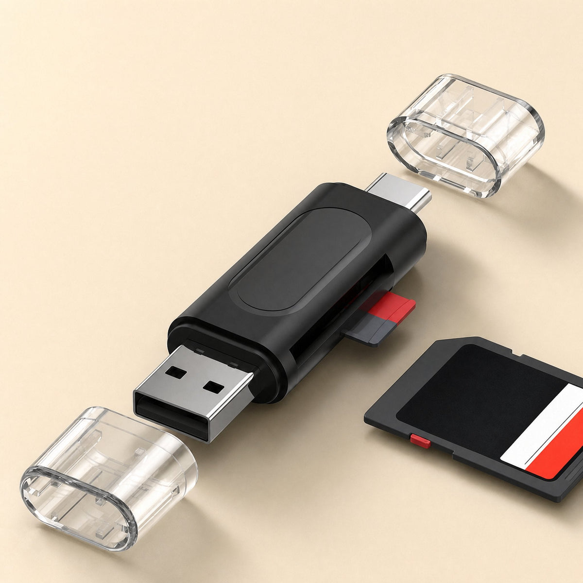 Quickslot SD TF Card Reader in black with both clear caps removed, USB-A and USB-C plugs, and an SD card beside it