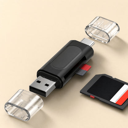 Quickslot SD TF Card Reader in black with both clear caps removed, USB-A and USB-C plugs, and an SD card beside it