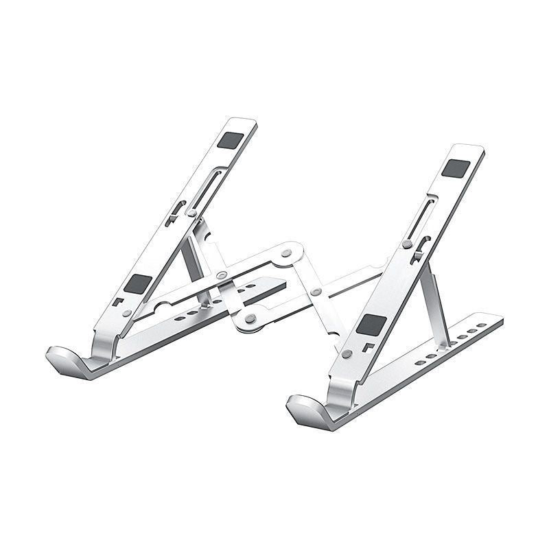 Alulift – Silver folding laptop stand with open hinged arms on a white background, shown from a front angle