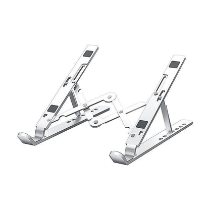 Alulift – Silver folding laptop stand with open hinged arms on a white background, shown from a front angle