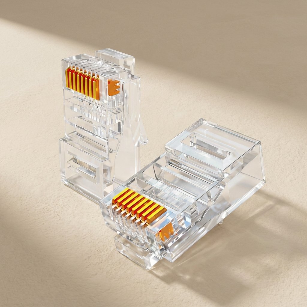 Jackmate – Two transparent RJ45 plugs, one upright and one lying down, with orange-gold contact pins visible