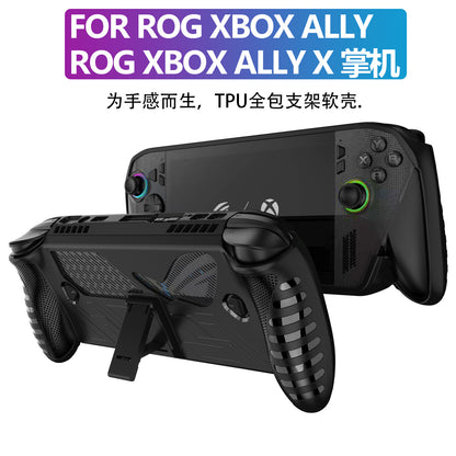 Foamdock Eva Foam Case in black on a ROG Xbox Ally handheld, front and back views with kickstand out