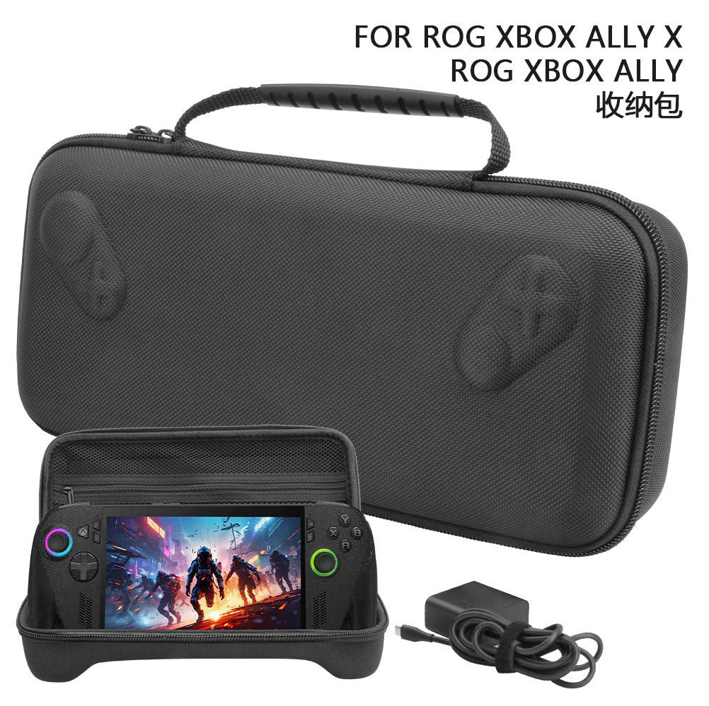 Formcase Handheld Console Storage Bag closed with top handle, open case holding console and charger below