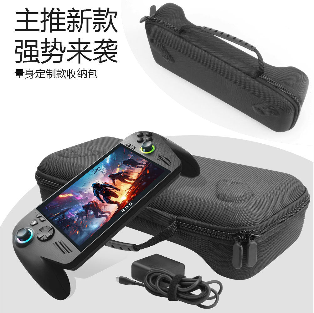 Formcase Handheld Console Storage Bag lying behind a console and charger, inset of closed case with handle