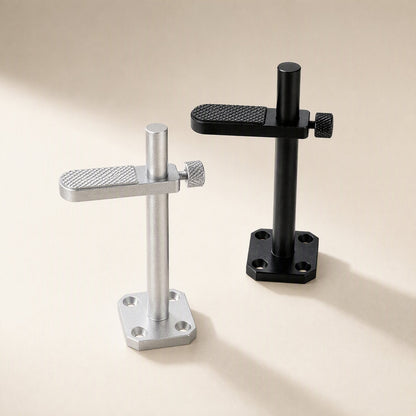 Alloyledge Aluminum Alloy Graphics Card Stand in silver and black side by side on a cream backdrop
