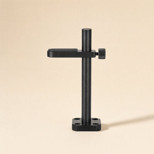 Alloyledge – Black support bracket with knurled thumbscrew and four-hole square base, front view
