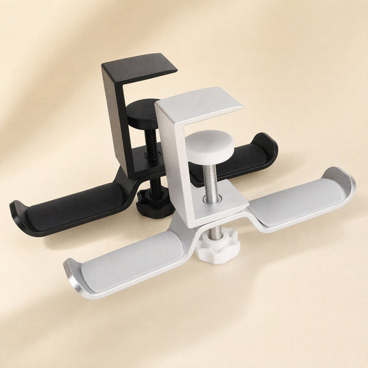 Aluturn Headphone Stand – silver and black clamp-style double-hook stands seen from above, with screw knobs and padded rests