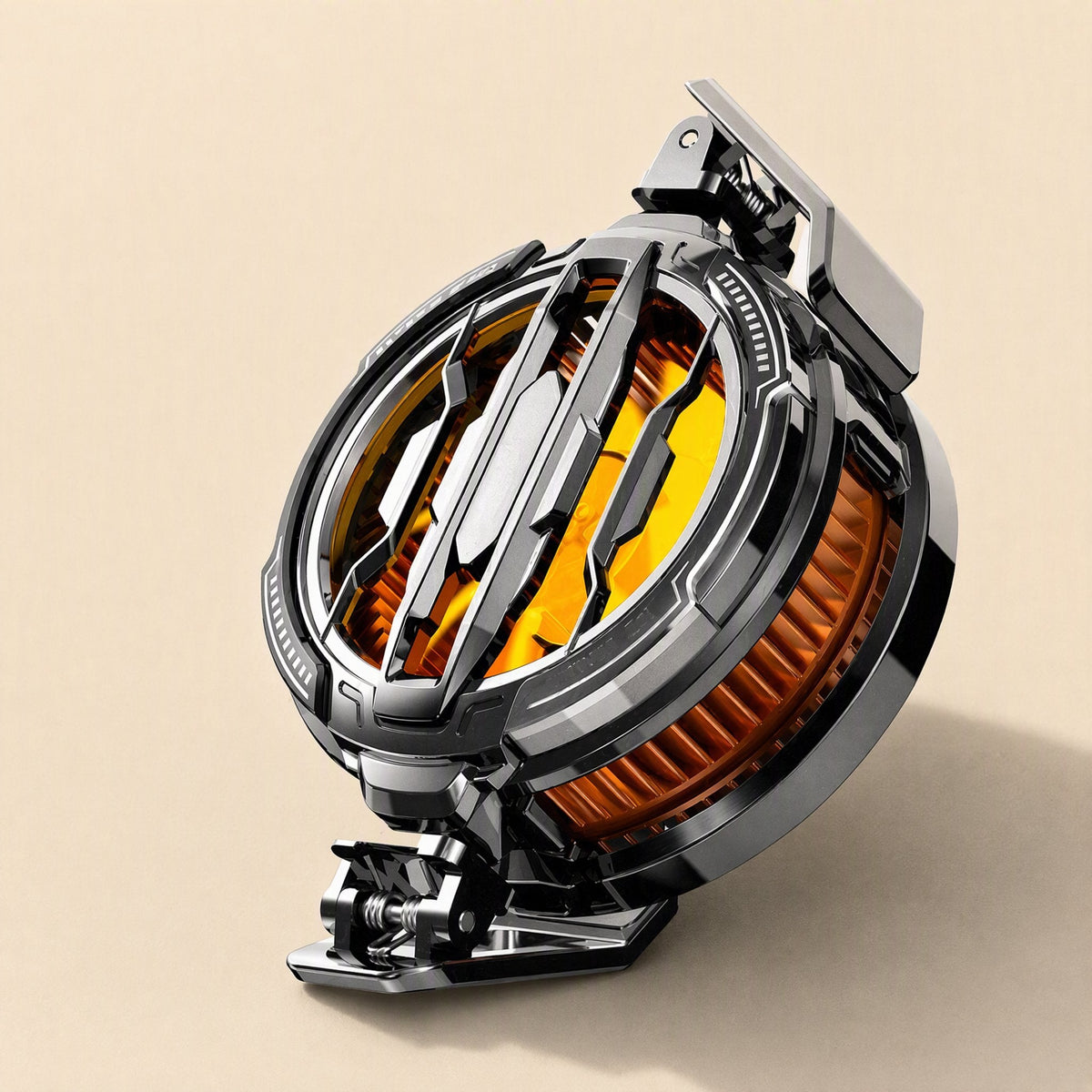 Coolflow Type-C Phone Cooler in gunmetal with amber fan blades, shown at an angle with a spring clip