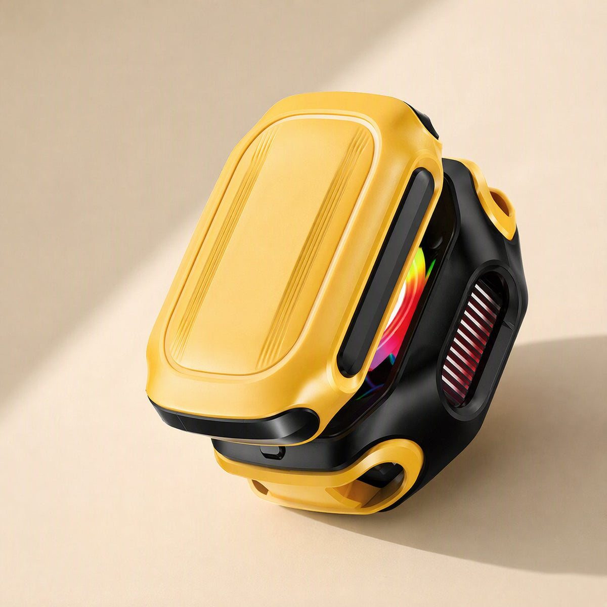 Coolflow Type-C Phone Cooler – yellow and black cooler body with a red vented side panel, shown at a tilted angle