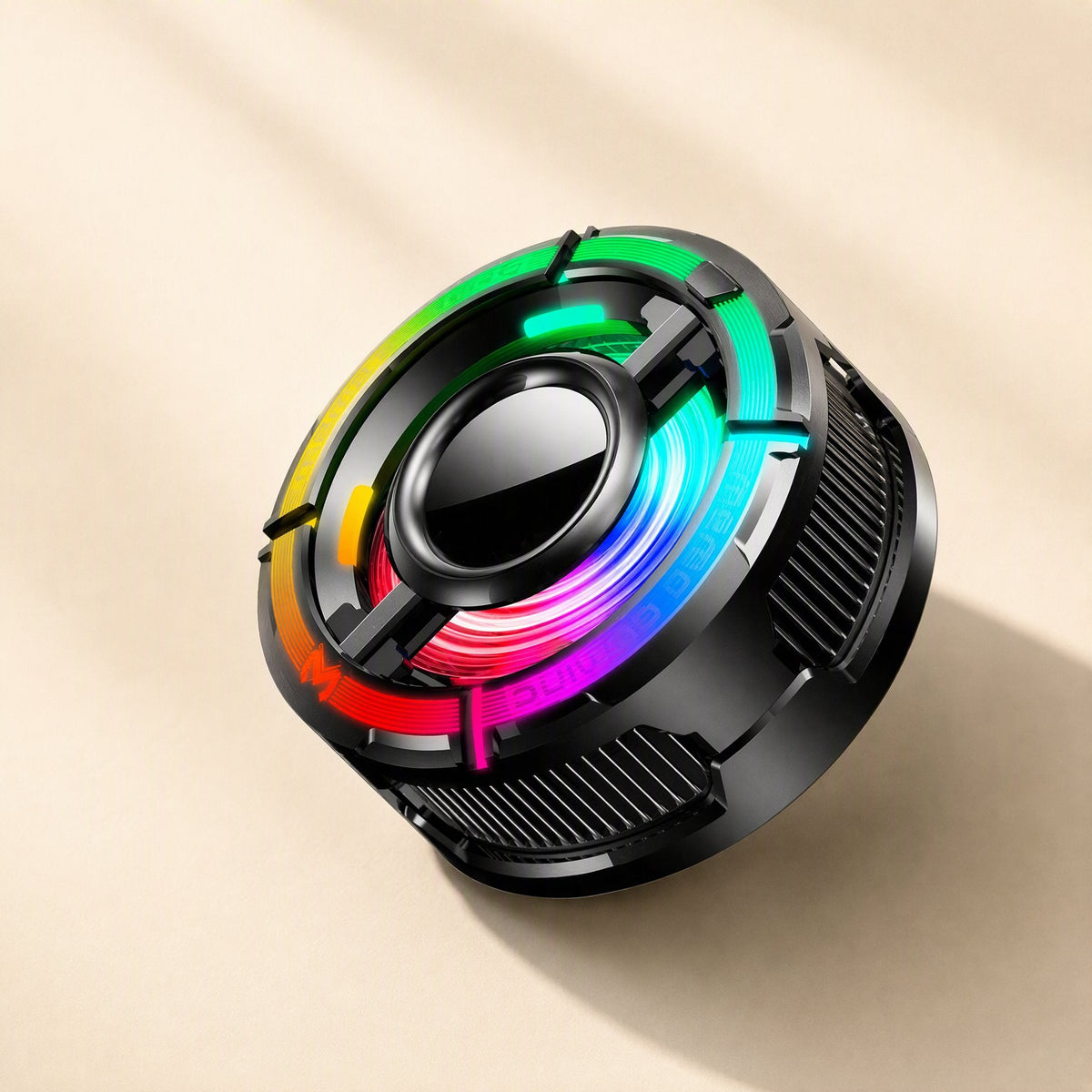 Coolflow – Black round cooler with a glowing rainbow RGB light ring around a mirrored center and ribbed sides