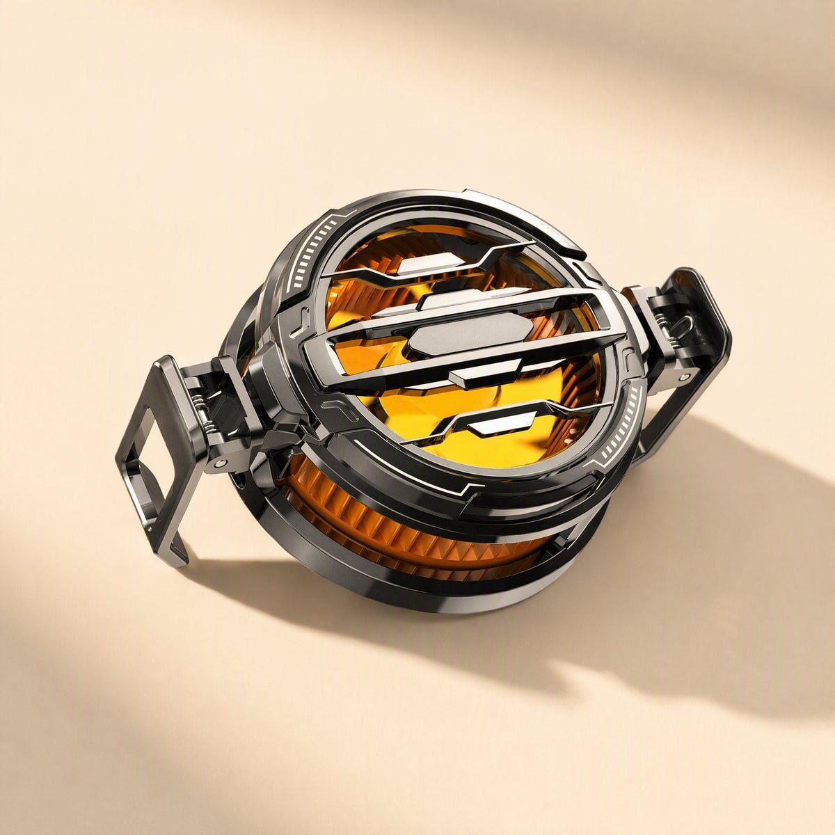 Coolflow Type-C Phone Cooler – gunmetal cooler with amber fan seen from above, with a clip extended on each side