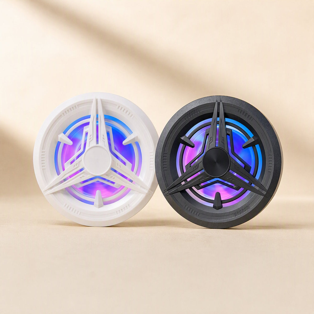 Magfreeze 10W Magnetic Phone Cooler in white and black, front view with glowing purple-blue light ring