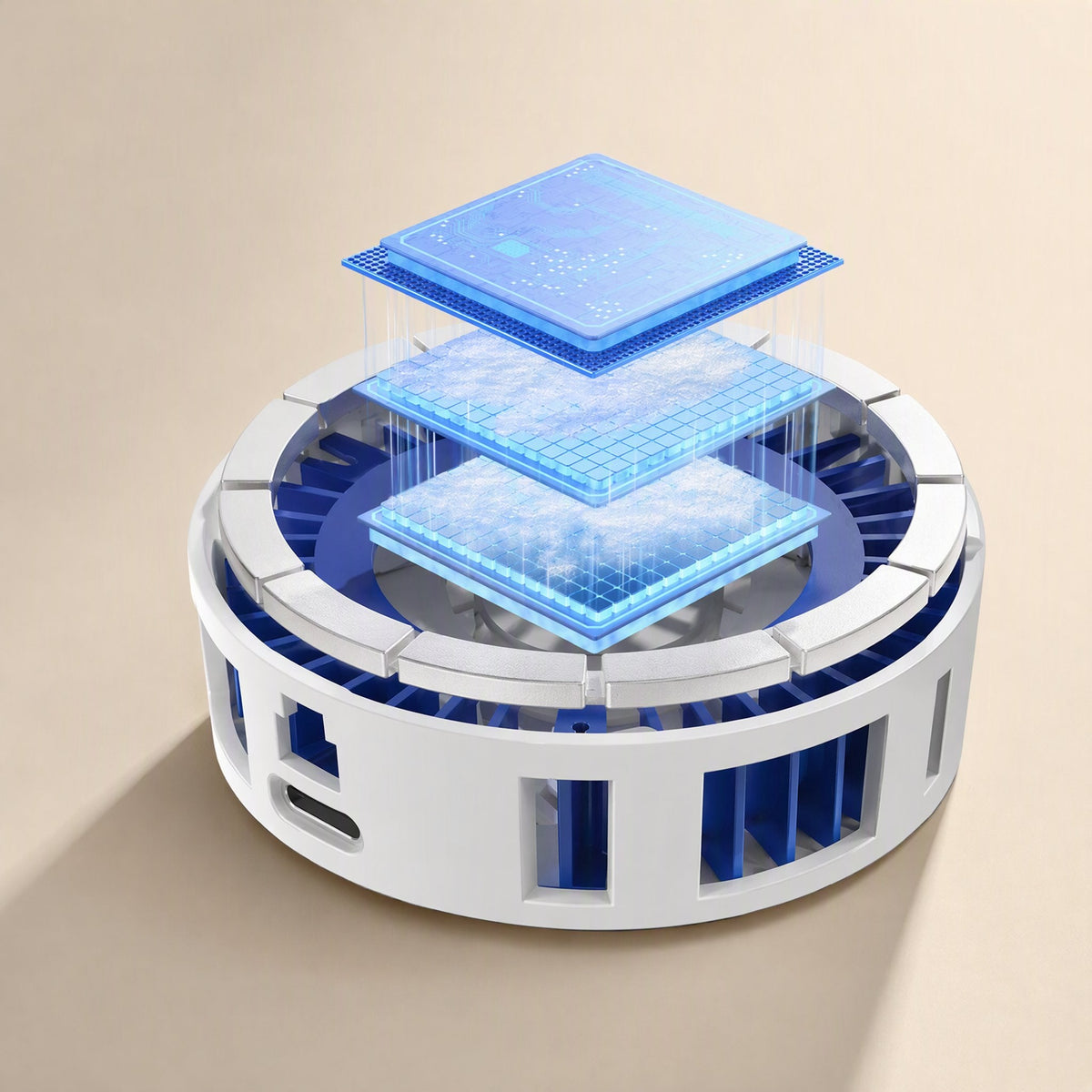 Magfreeze – Exploded view of the cooler's layered chip and cooling plates above a white body with USB-C port and vents