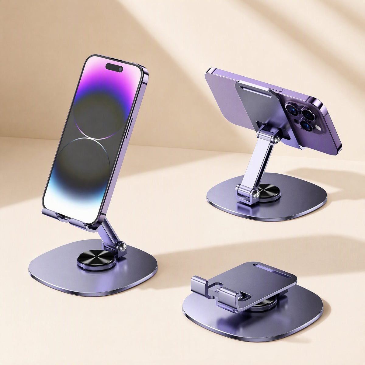 Steadyprop Aluminum Alloy Phone Stand in purple, shown holding a phone upright, tilted back, and folded flat