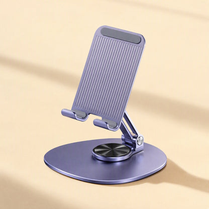 Steadyprop – Purple folding phone stand with ribbed back panel on a rounded base, seen at a three-quarter angle