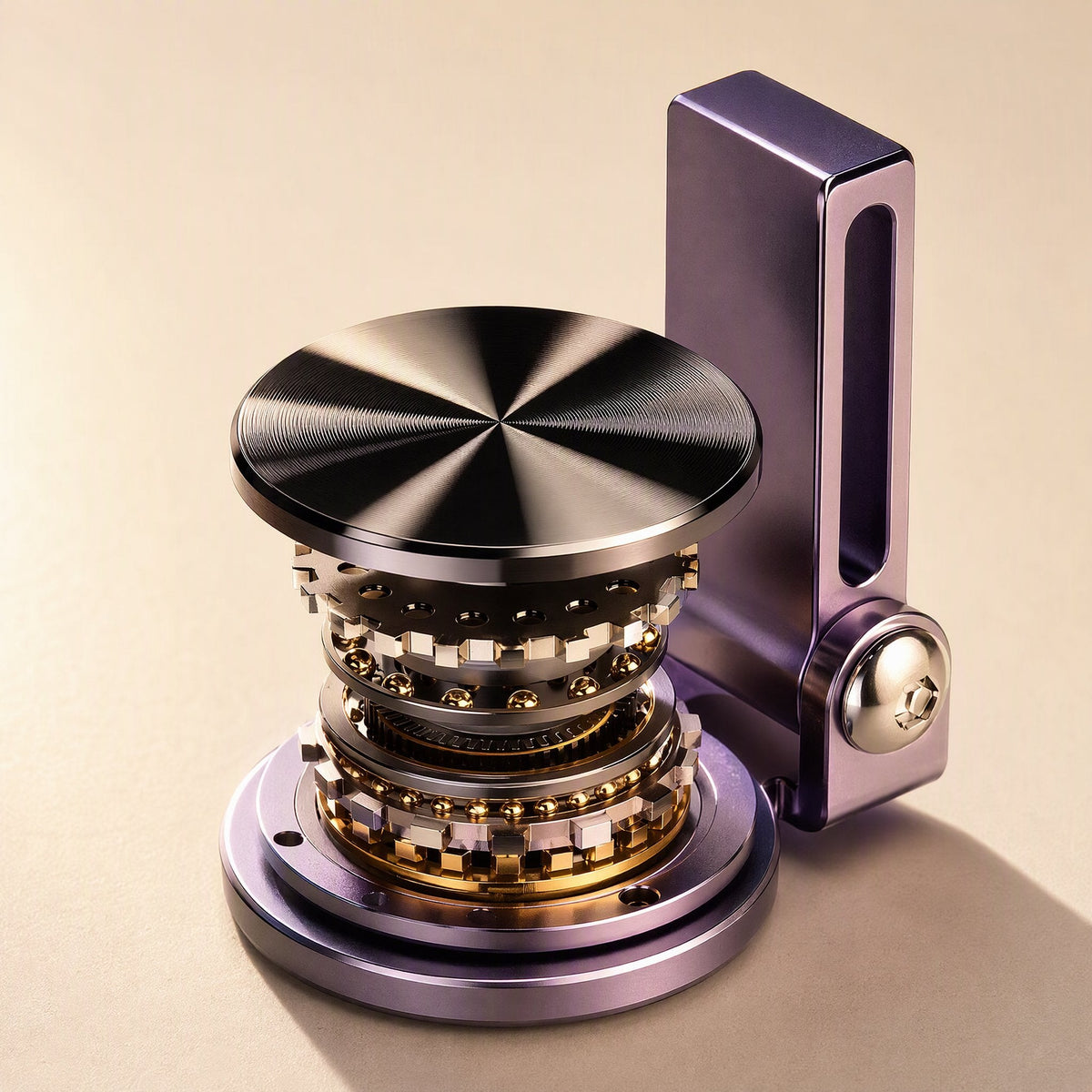 Steadyprop – Close-up of the stand's rotating base, showing the black disc, layered bearings and the hinge bolt
