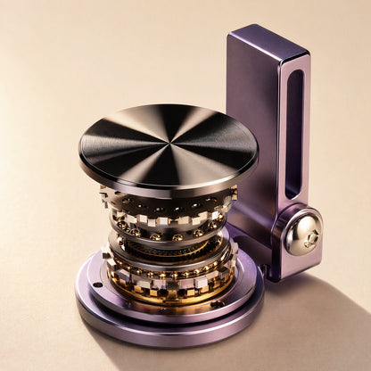 Steadyprop – Close-up of the stand's rotating base, showing the black disc, layered bearings and the hinge bolt
