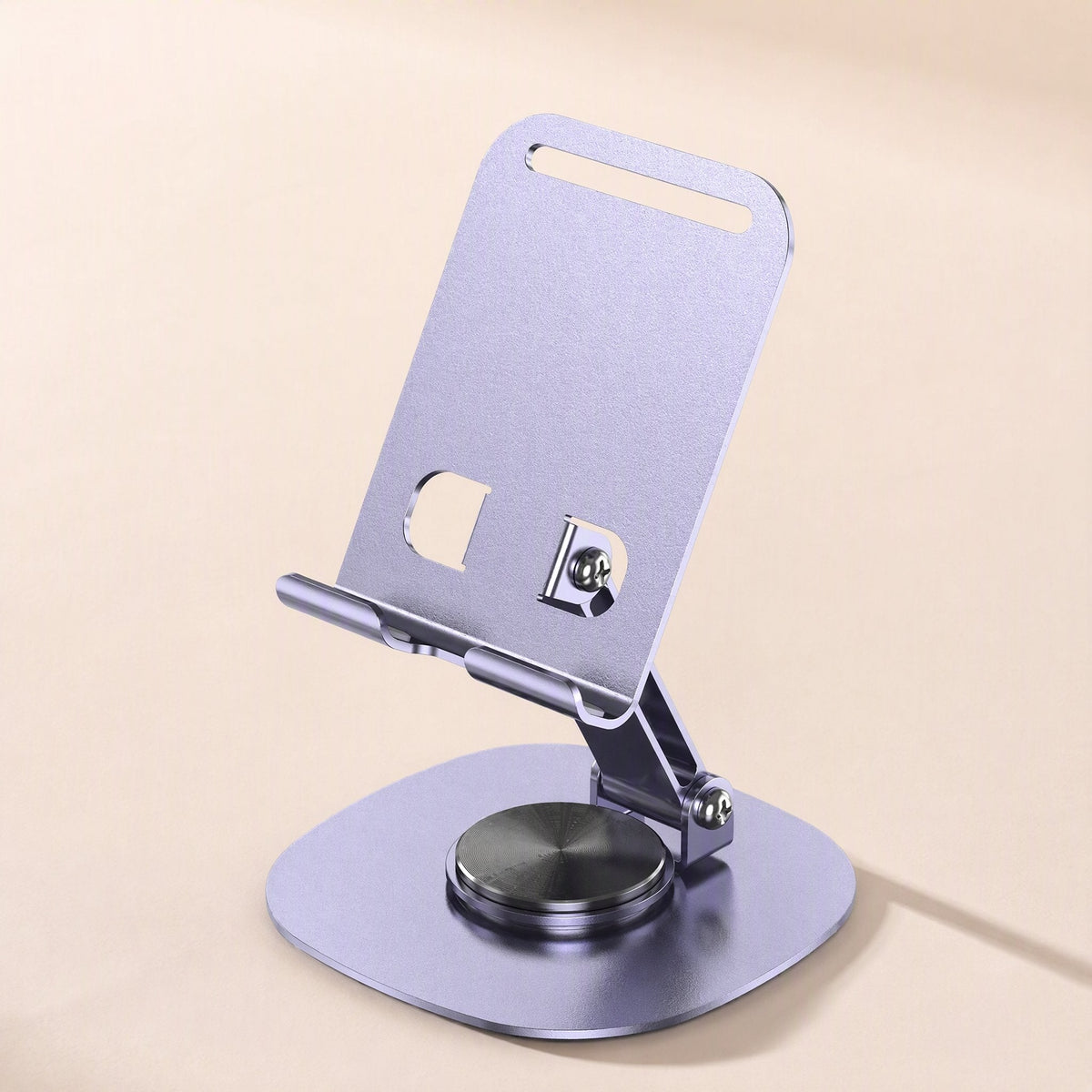 Steadyprop – Lavender aluminum phone stand with a swivel disc on a rounded square base, angled from above