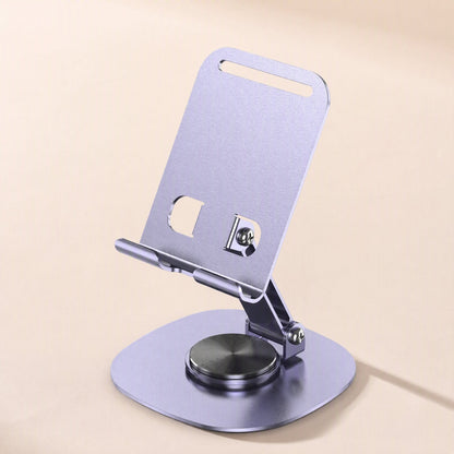 Steadyprop – Lavender aluminum phone stand with a swivel disc on a rounded square base, angled from above