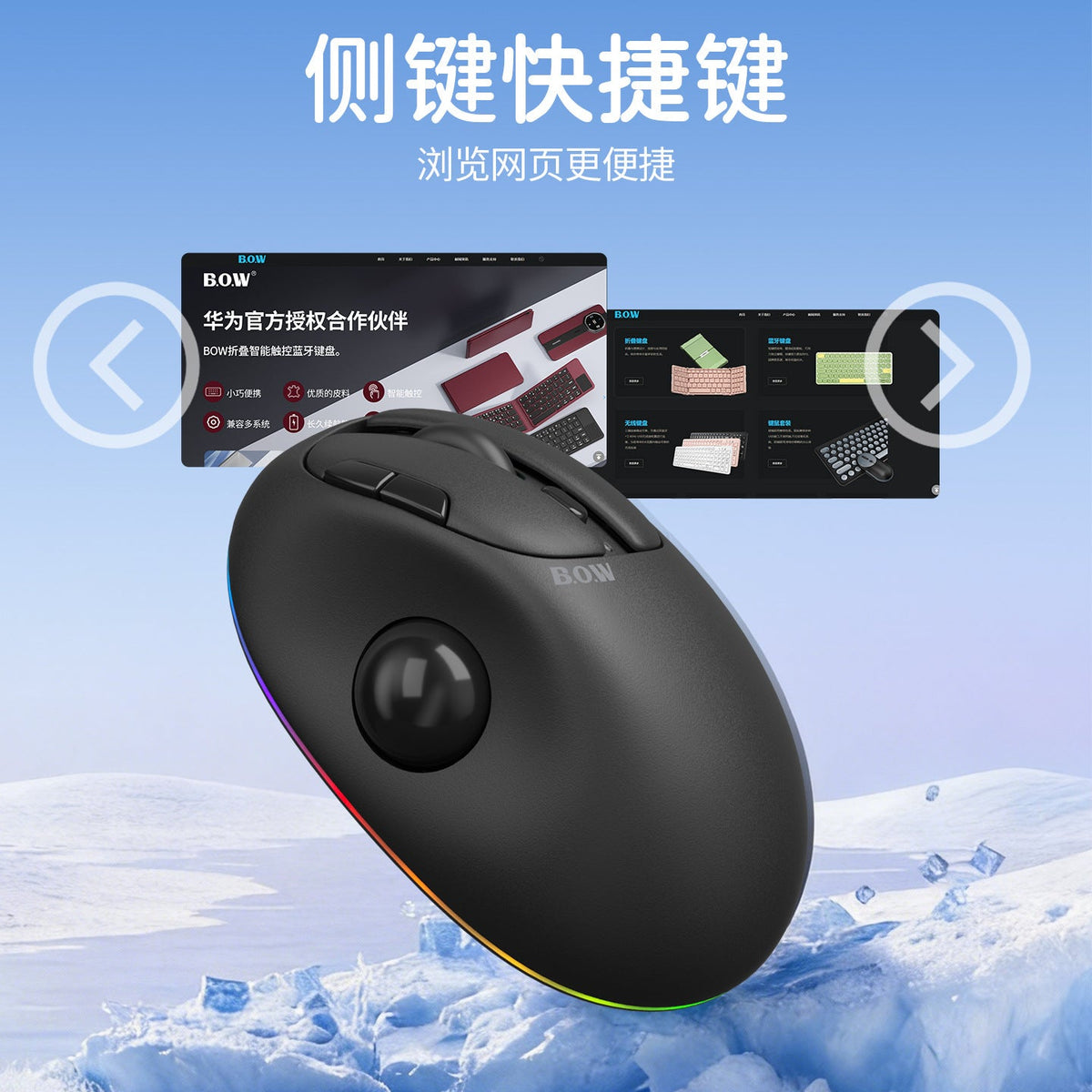 Rollshift – Black trackball mouse with side buttons shown above two website screenshots and left and right arrows