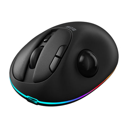 Rollshift – Black trackball mouse seen from front-left on white, showing side buttons, trackball and USB-C port
