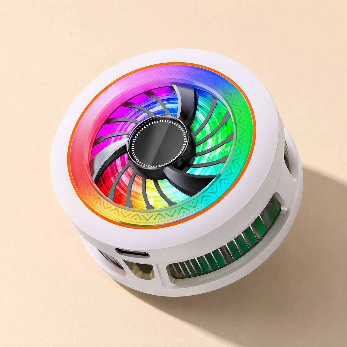 Phonechill Semiconductor Mobile Phone Cooler, white round body with rainbow LED fan ring, top-angle view