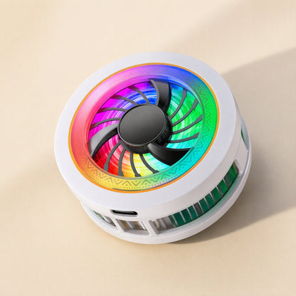 Phonechill – Rainbow-lit fan ring and black center hub on the white magnetic cooler, shown from a slightly higher angle