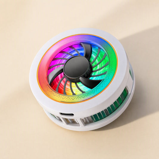 Phonechill – Rainbow-lit fan ring and black center hub on the white magnetic cooler, shown from a slightly higher angle