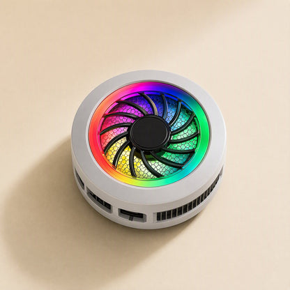 Phonechill – Overhead view of the round white cooler with colorful glowing fan blades and side vent slots