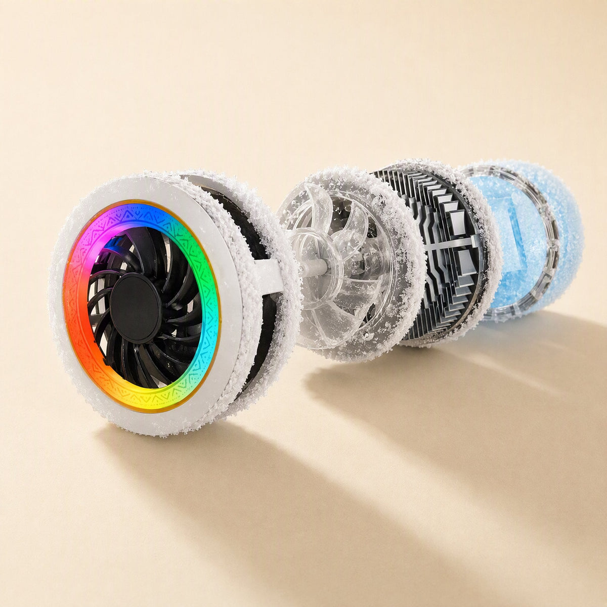 Phonechill – Exploded view of the cooler's layers: LED fan, clear impeller, black heat sink and blue cooling plate, frosted